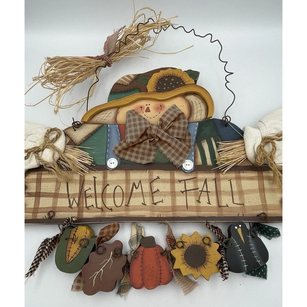 Vtg Hand Painted Wood Door Sign Scarecrow Welcome Fall Halloween Autumn Decor